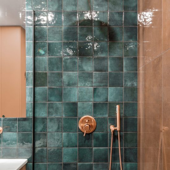 Minimalistic bathroom interior design in green and terracotta shades.